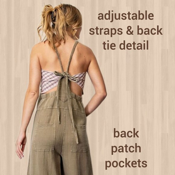 EASEL "Here I Am" Mineral Washed Wide Leg Jumpsuit Adjustable Tie Straps Pockets - Picture 7 of 16